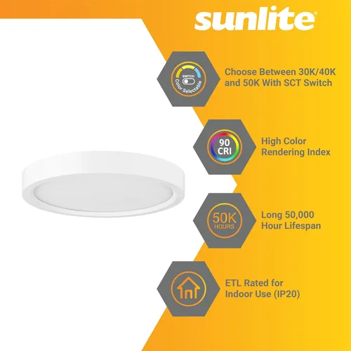 Vista 3 de Sunlite Mini panel redondo LED de 9 pulgadas, 18 W (75 W = ), 1100 lúmenes, 30K/40K/50K CCT seleccionable, regulable, acabado blanco, vida útil