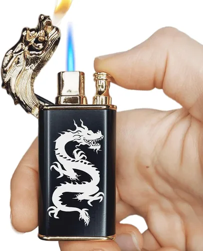 Vista 8 de Encendedor de dragón con doble llama recargable de chorro de butano, soplete de gas a prueba de viento (butano no incluido) (estilo 9 - Bitcoin)
