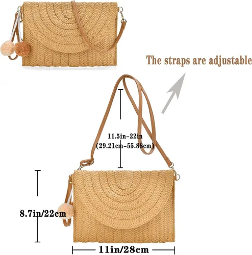Vista 6 de Bolso de mano de mimbre tejido de rafia para niñas, bolso cruzado de verano para playa