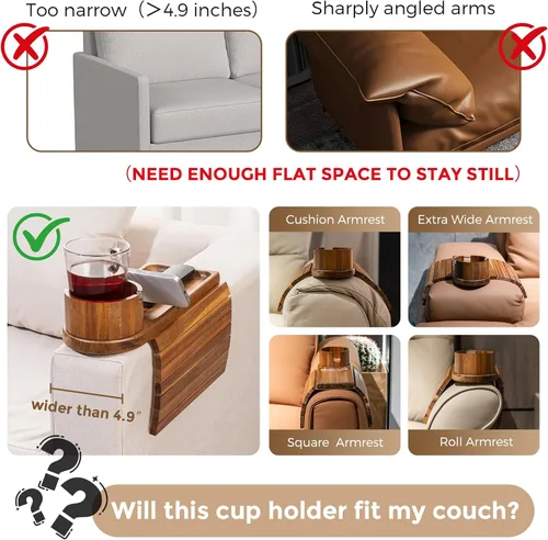 Vista 3 de Soporte de taza para sofá para reposabrazos de más de 4.9 pulgadas de ancho, bandeja de brazo de sofá de madera de acacia con soporte de taza
