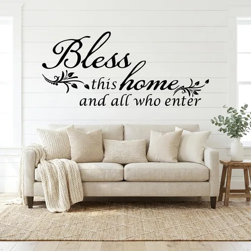 Vista 6 de Decoración de calcomanía de vinilo con texto en inglés “Bless This Home and All who Enter”, para la entrada o la sala de estar Negro