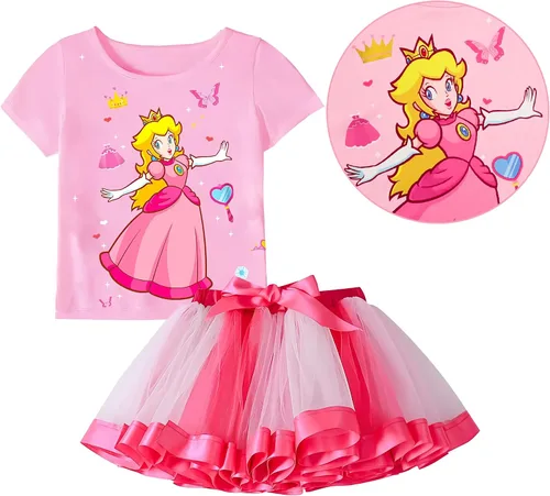 Vista 5 de SHELOVESIT Conjunto de disfraz de princesa melocotón para niñas, vestido de tutú de princesa de Super Bros para cosplay, fiesta de Halloween