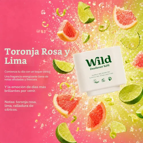 Vista 5 de Wild - Kit de inicio recargable de desodorante con estuche de agua y recarga perfumada de pomelo rosa y lima 1.4oz - Sin aluminio - Protección