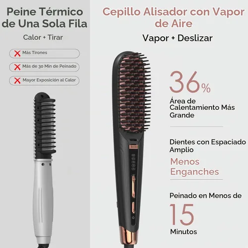 Vista 3 de TOME Cepillo de pelo de vapor, 2 niveles de vapor, 3 calor 360–430°F Negro