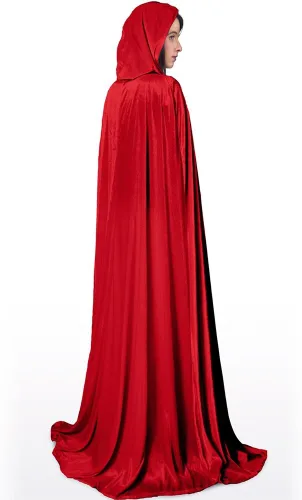 Vista 2 de Little Adventures Capa de terciopelo de lujo para adultos con capucha forrada (rojo) lavable a máquina, capas de disfraces para adultos sin purpurina