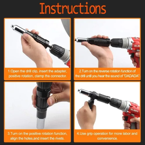 Vista 5 de Kit de adaptador de pistola de remache LSLANSOON con mango de agarre, accesorio de taladro para remache, herramienta manual de inserción de tuerca