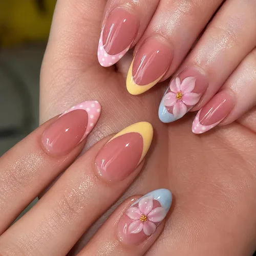 Vista 27 de Uñas postizas largas a presión con forma de almendra, color azul Seeneey