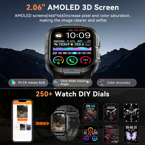 Vista 5 de Reloj inteligente para hombre, rastreador de ejercicios: marca/respuesta de llamadas, relojes inteligentes militares para hombres, relojes digitales
