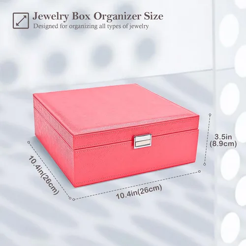 Vista 6 de Joyero para mujeres, niñas, novia, esposa, organizador de joyas de cuero grande, estuche de almacenamiento con dos capas para aretes, pulseras