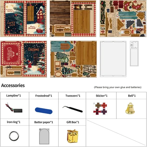 Vista 4 de Kits de rincón de libros de Navidad para adultos, rompecabezas de madera 3D, kit de casa en miniatura para decoración de estantería con luces LED