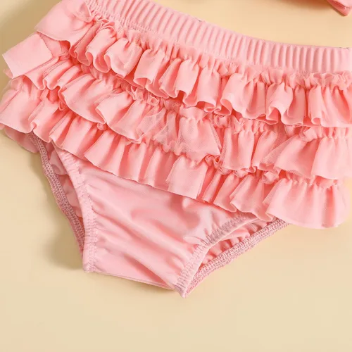 Vista 5 de Yccutest Traje de baño de flores para bebé, 3 piezas, parte superior triangular, parte inferior con volantes, sombrero para el sol, conjunto