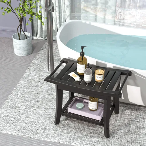 Vista 8 de Taburete Banco de Ducha de Bambú Impermeable con Estante de Almacenamiento para Afeitarse las Piernas o Asiento de Baño de Spa en el Baño y Dentro