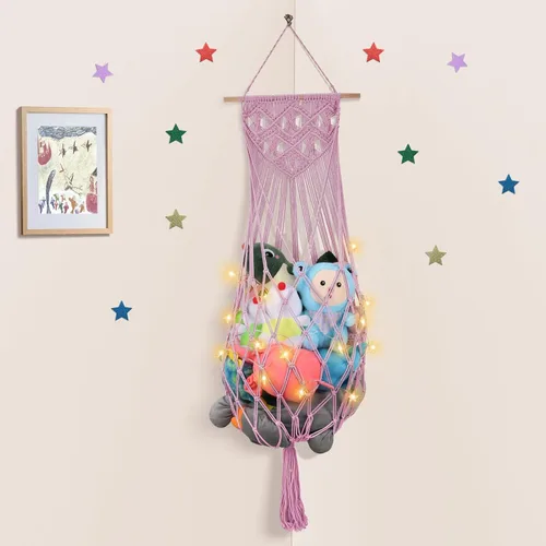 Vista 17 de Almacenamiento de Animales de Peluche de 68 Pulgadas, Hamaca Jumbo de Macramé para Animales de Peluche en Esquina, Hamaca Colgante de Pared y Techo