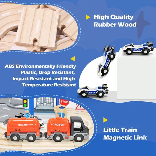 Vista 6 de Juego de 59 piezas de tren de madera para niños pequeños, tren de juguete con pista para niños de 3 a 6 años, set de juego de lujo de doble pista
