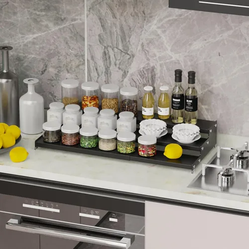 Vista 4 de Organizador expandible para especias con estante de 3 niveles para armario, organización de estantes de condimentos. Ideal para estantes de encimera