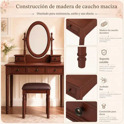 Vista 5 de Anwick Escritorio vintage con espejo de ángulo ajustable, juego de tocador de madera para dormitorio con forro de tela de terciopelo, 5 cajones