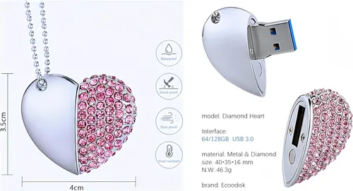 Vista 7 de USB 3.0 Flash Drive - Pen drive con forma de lápiz labial, memoria de alta velocidad, collar brillante con bolsa de joyas, gran regalo, Rosado Heart