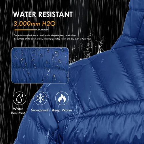 Vista 3 de Chaqueta de plumón para hombre, plegable, ligera, resistente al agua, con capucha