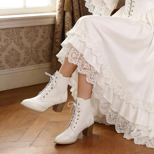 Vista 2 de Betastella Botas de tobillo con cordones para mujer, tacón grueso, con cierre lateral, botas cortas de vestir con cremallera lateral