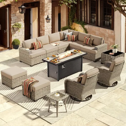 Vista 22 de HOOOWOOO Juego de Muebles Seccionales para Patio al Aire Libre, 6 Piezas Juegos de Conversación de Mimbre Sofá en Forma de L, Sofá Extra Profundo