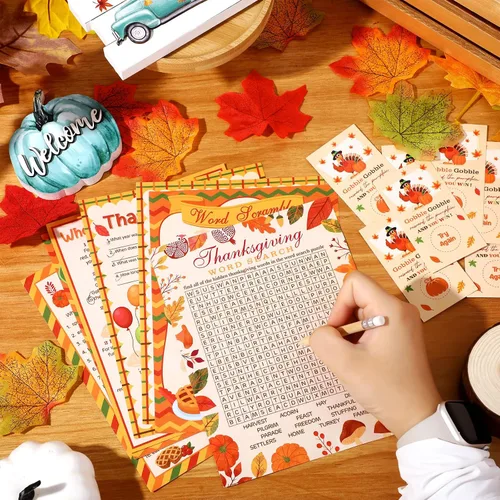 Vista 7 de Harloon Juego de 172 piezas de juegos de Acción de Gracias con lápices para familia y adultos, pavo, otoño, calabaza, búsqueda de palabras, juego