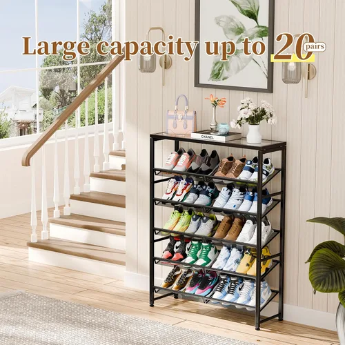Vista 7 de Simple Trending Zapatero, organizador de zapatos de 6 niveles con capacidad para 25 pares, almacenamiento de zapatos de metal con estantes