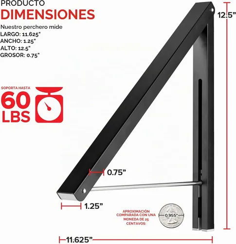 Vista 2 de Percha Única Plegable para Ropa, Perchero Retráctil de Pared para Secador de Ropa, Barra Colgante para Secar, Pequeños Estantes Plegables para Ropa