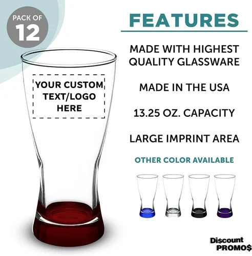 Vista 2 de Vasos Pilsner personalizados de 13.25 onzas, juego de 12, paquete personalizado a granel, fabricado en los Estados Unidos, perfecto para hoteles
