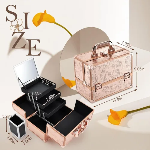 Vista 5 de FRENESSA Estuche de Maquillaje de 11.8 Pulgadas Estuche Organizador de Maquillaje Caja Grande de Cosméticos con Espejo Portátil 3 Bandejas Caja