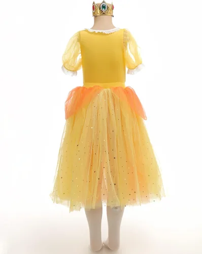 Vista 2 de miccostumes Disfraz de princesa para niñas, vestido de tul de encaje de microfibra transpirable Delux con corona de joyería dimensional