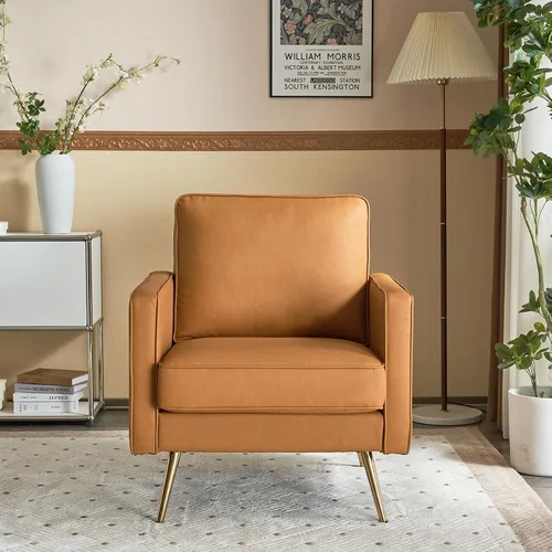 Vista 8 de VINGLI Silla de acento moderna de cuero PU para sala de estar, silla cómoda de dormitorio, silla de lectura con brazos con patas de metal dorado
