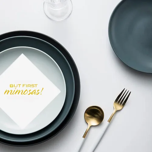 Vista 6 de But First Mimosas - Servilletas de cóctel, paquete de 100 servilletas de papel desechables doradas pero primeras mimosas, para compromiso, boda