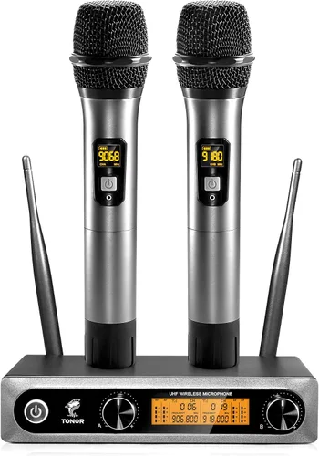 Vista 10 de Sistema de Micrófonos Inalámbricos TONOR, Micrófonos Dinámicos de Mano Profesionales de Metal UHF de 2*15 Canales con Receptor Inalámbrico