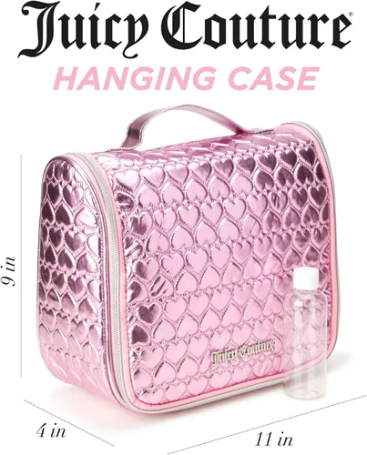 Vista 2 de Juicy Couture Bolsa de maquillaje rosa Organizador de cosméticos Esenciales de viaje Gancho colgante brillante corazón acolchado