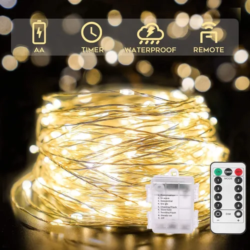 Vista 19 de SUDDUS Luces de Hadas de 16 pies con 50 LED y 22 clips, funciona con batería/USB, luces parpadeantes para fotos con control remoto y temporizador