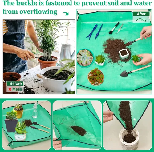 Vista 2 de Tapete de trasplante de plantas para jardín, 2 piezas, impermeable, plegable, para interiores, portátil, cuadrada, bandeja para macetas con 6 piezas