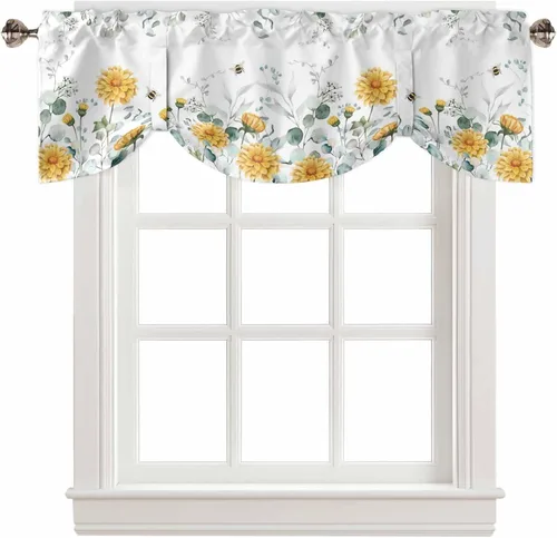 Vista 36 de Cortinas de cocina de Navidad, cenefa semitransparente ajustable con lazo, muñeco de nieve, copo de nieve, bolsillo para barra, tratamiento