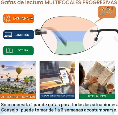 Vista 2 de Multifocus Gafas de lectura para mujer, progresivas, multifocales, sin marco, sin línea, lector bifocal, luz azul, diseño de computadora, lentes
