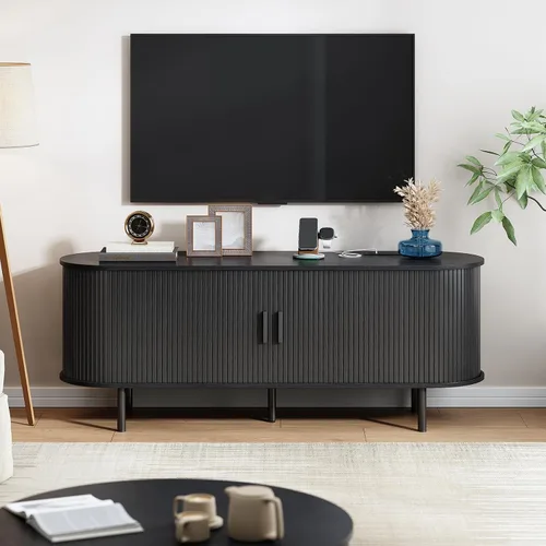 Vista 7 de Soporte de TV de 55 pulgadas con toma de corriente, consola multimedia moderna con puertas correderas, centro de entretenimiento para televisores