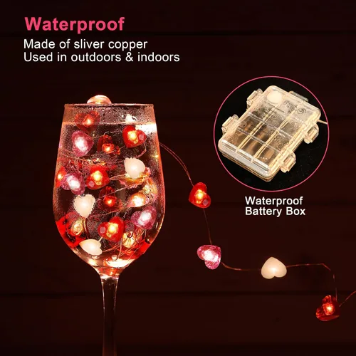 Vista 3 de Hiboom 2 tiras de luces de corazón para el día de San Valentín con temporizador de 10 pies, 30 luces LED en forma de corazón, 8 modos de Rojo