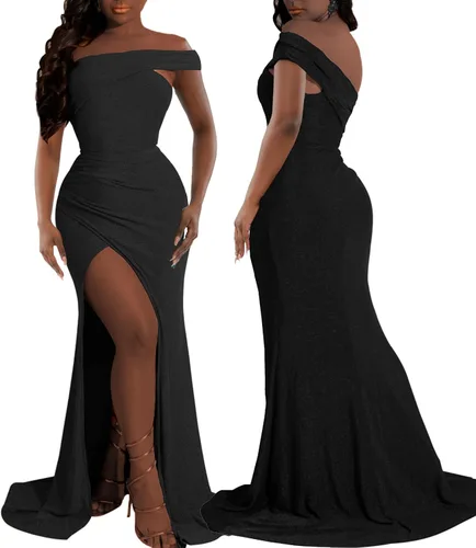 Vista 6 de ZonJie Vestido de fiesta de cóctel casual para mujer, sexy, con hombros descubiertos, con volantes, elegante, vestido de noche para baile