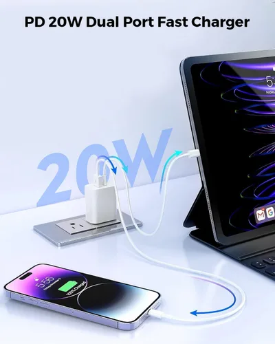 Vista 2 de Paquete de 3 cargadores de pared USB C de Apple, adaptador de corriente de 20W iPhone 17/16 de doble puerto QC + PD 3.0, bloque de carga rápida