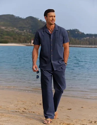 Vista 3 de COOFANDY Conjunto de 2 piezas de lino para hombre, camisa con botones y pantalones sueltos casuales