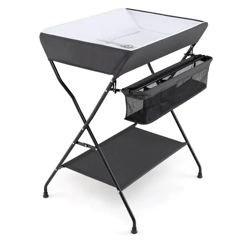 Vista 14 de HONEY JOY Cambiador, organizador plegable para guardería con estante abierto y cinturón de seguridad, estación de cambio de pañales portátil