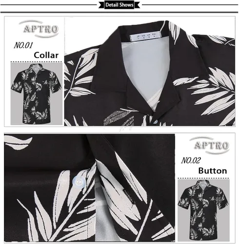 Vista 3 de APTRO Camisa hawaiana elástica en 4 direcciones para hombre, camisas de playa tropicales
