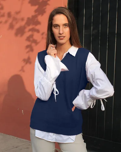 Vista 3 de TINKUY PERU - Chaleco de lana de alpaca con cuello en V para mujer, S-4XL