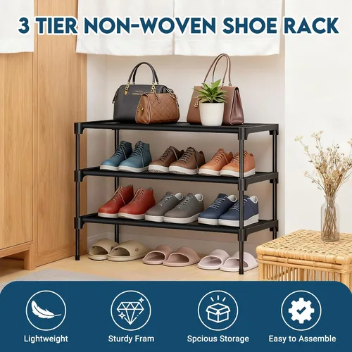Vista 3 de LOFTEY Zapatero no tejido de 3 niveles, organizador apilable para armario, puerta delantera y entrada, 28 pulgadas de ancho, color negro