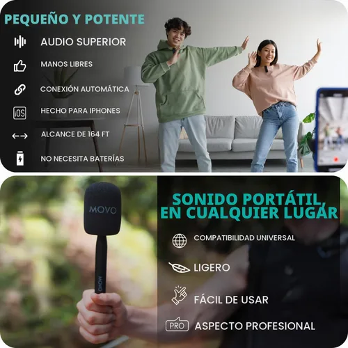 Vista 4 de Movo Micrófono inalámbrico Mini DI Ultra Compact Wireless Lavalier para iPhone con adaptador de mano WMX-HM - Micrófono de solapa con soporte
