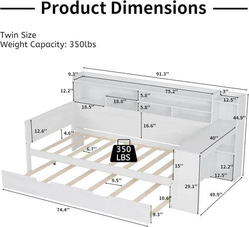 Vista 2 de Polibi Cama diurna de madera tamaño twin con estantes de almacenamiento, escritorio integrado y cama nido tamaño twin, cama multifuncional