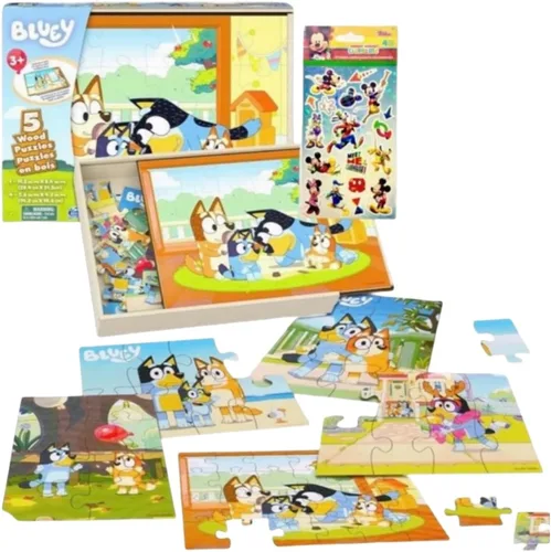 Vista 5 de Bluey 5 rompecabezas de madera con caja de almacenamiento, 72 calcomanías exclusivas de La casa de Mickey Mouse y paquete de más de 300 calcomanías